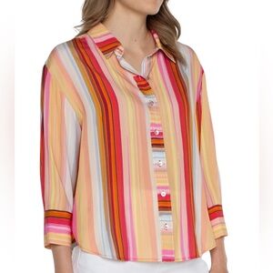 Liverpool Britton 3/4 Sleeve Multi Stripe Button Down Shirt XL Berry Blossom